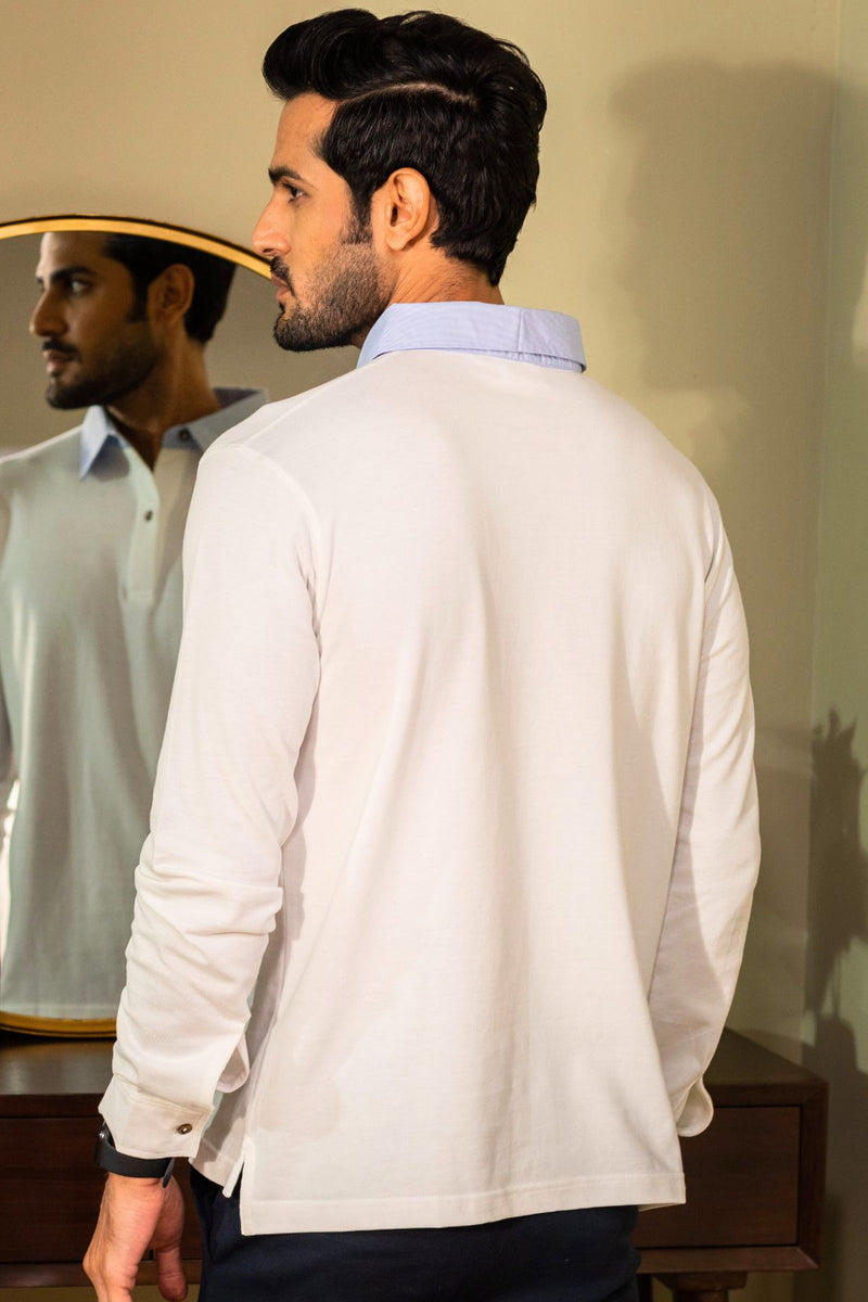 White Cotton Polo Shirt Collar Full Sleeve