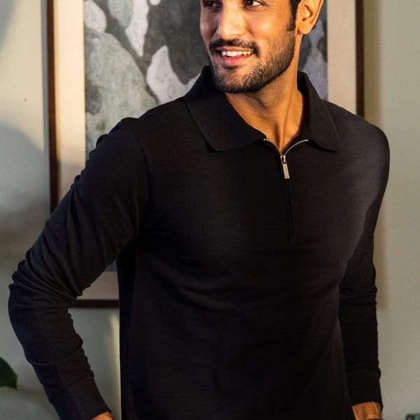 Luxury Black Cotton Zipper Polo Shirt Full Sleeves – Frebano