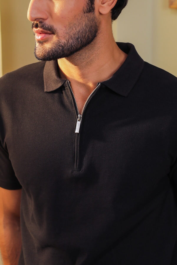 Luxury Black Cotton Zipper Polo Shirt