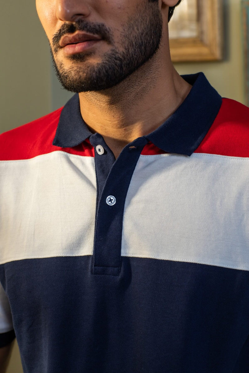 Navy Colour Block Cotton Polo Shirt