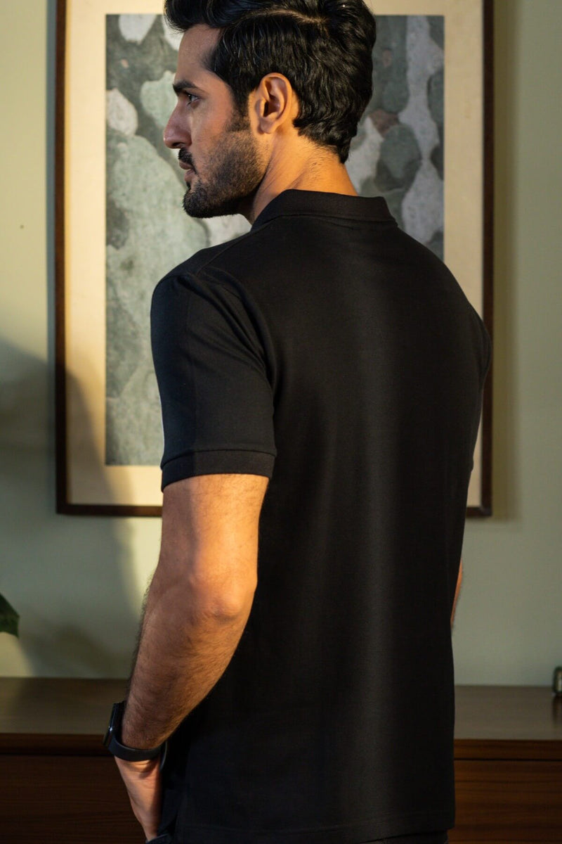 Black Panel Cotton Polo Shirt