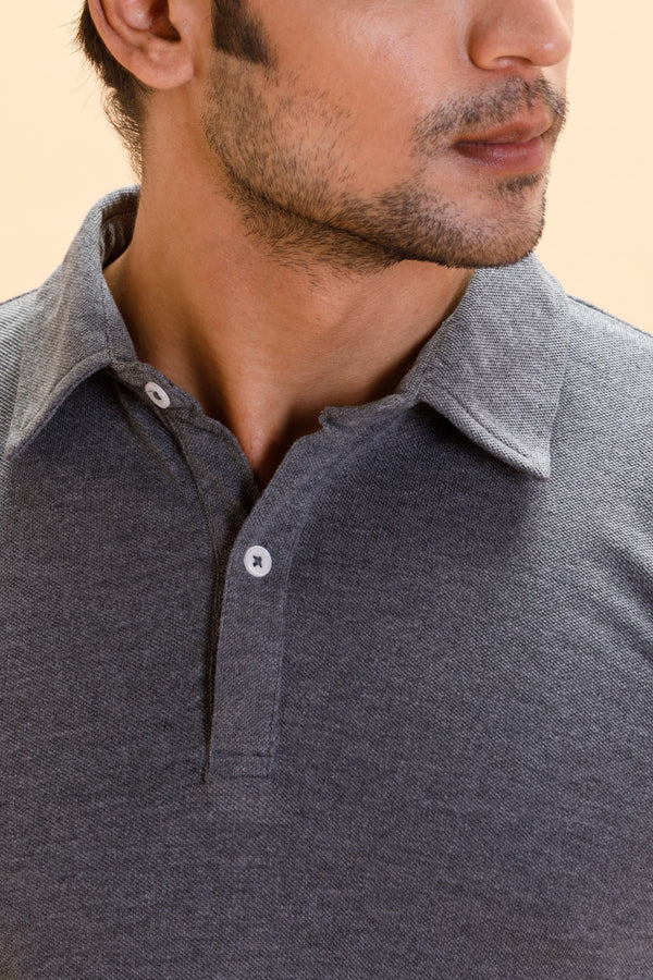 Grey Charcoal Cotton Polo Shirt Full Sleeve