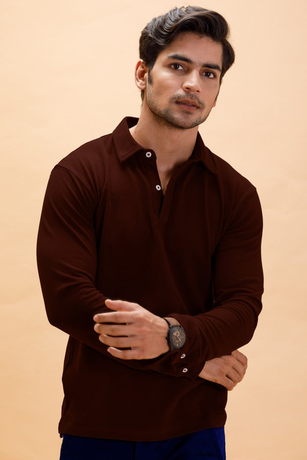 Brown Cotton Polo Shirt Full Sleeve