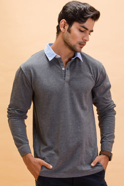 Grey Charcoal Cotton Polo Shirt Collar Full Sleeve