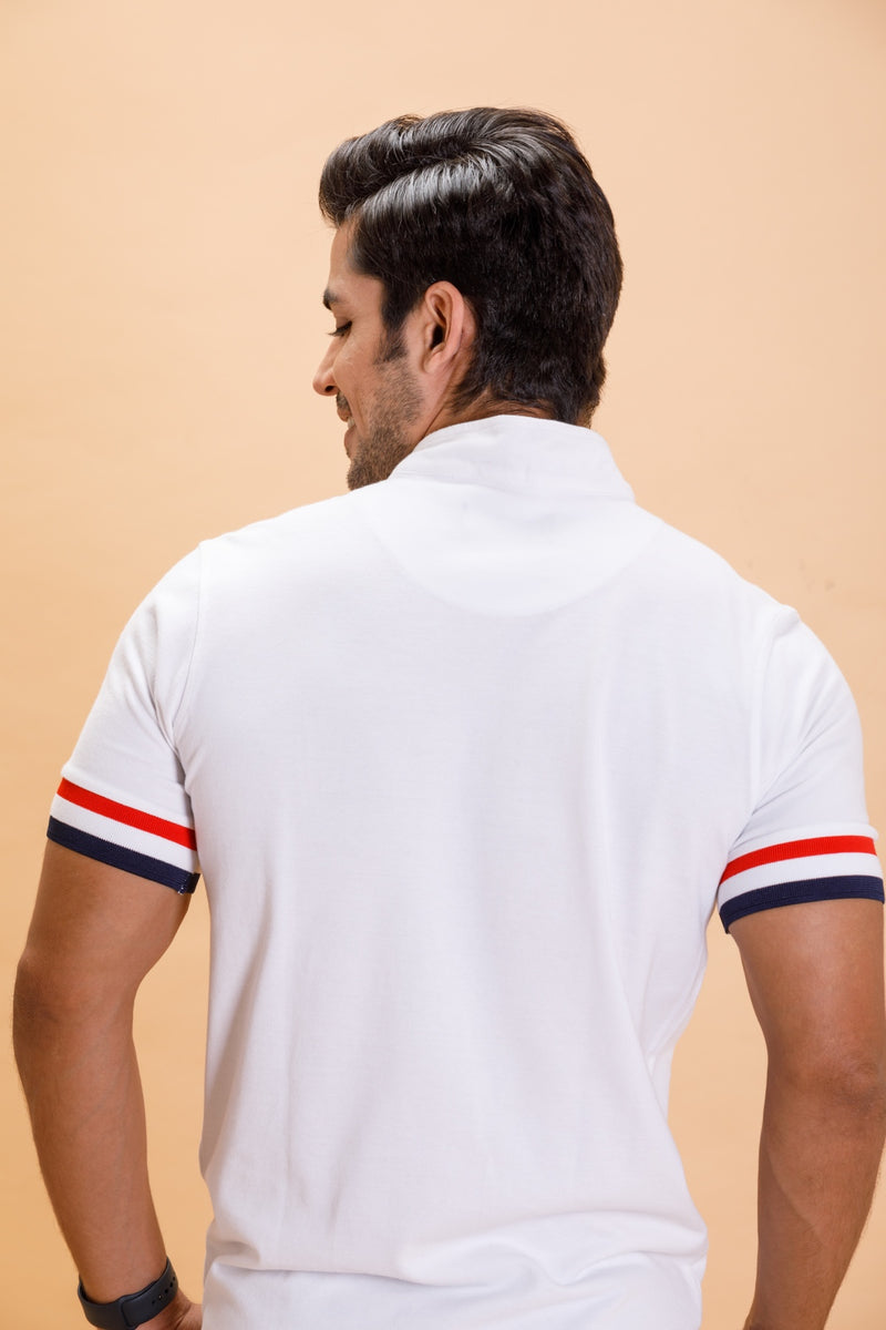 White Stand Up Collar Cotton Polo Shirt