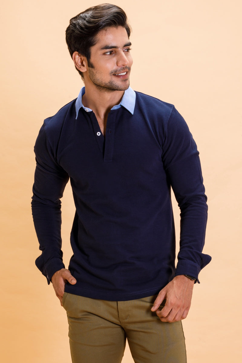 Navy Cotton Polo Shirt Collar Full Sleeve – Frebano