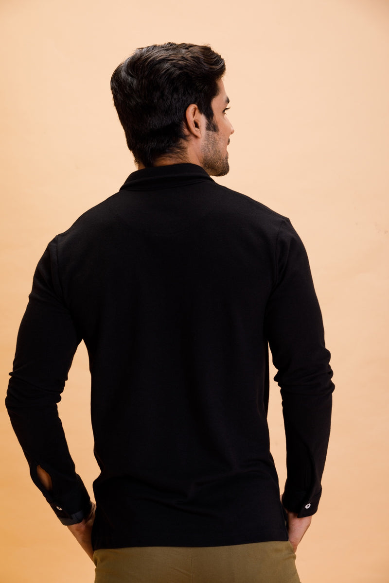 Black Cotton Polo Shirt Full Sleeve