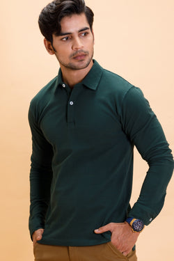 Green Cotton Polo Shirt Full Sleeve, XL - 44