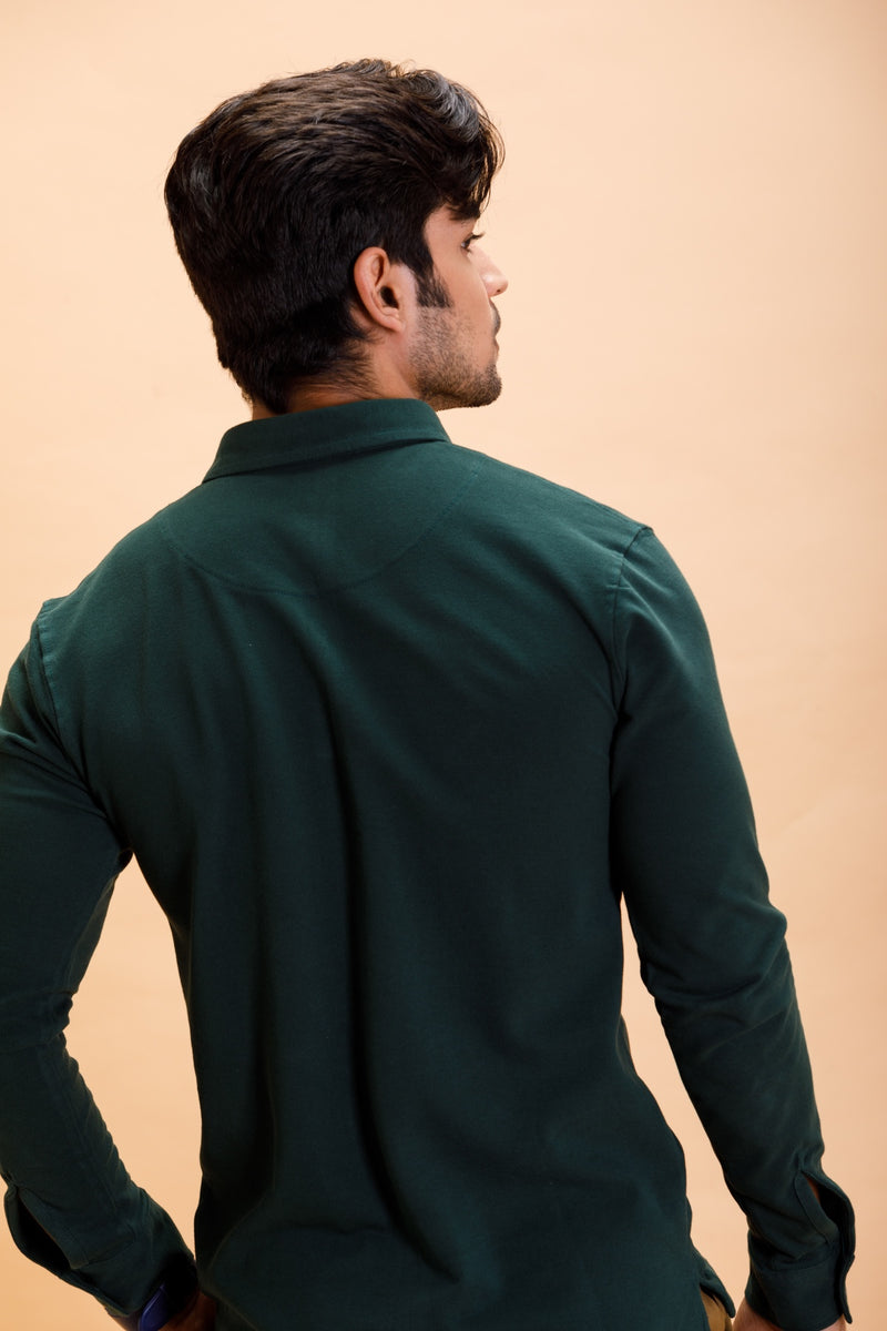 Green Cotton Polo Shirt Full Sleeve