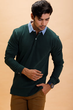 Green Cotton Polo Shirt Collar Full Sleeve