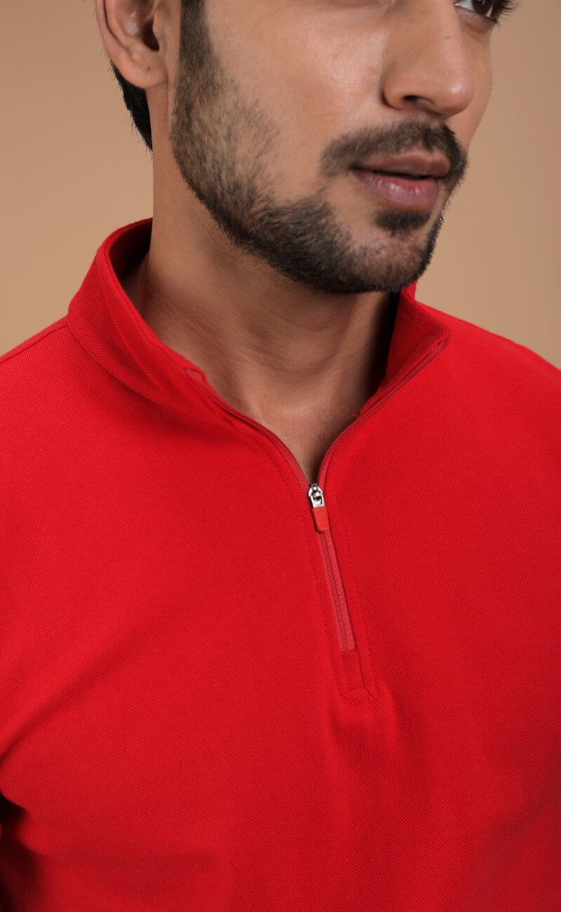 Red Stand Up Collar Cotton Polo Shirt