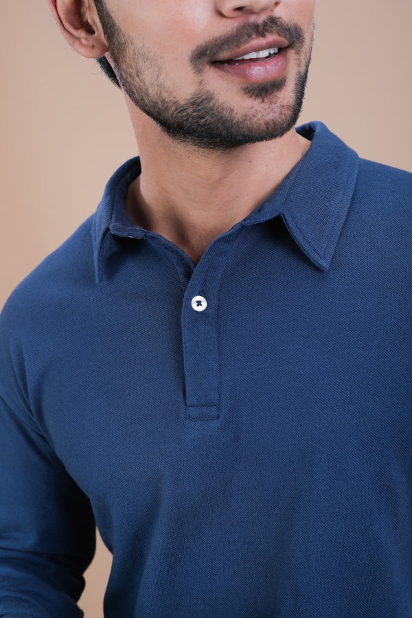 Cobalt Blue Cotton Polo Shirt Full Sleeve