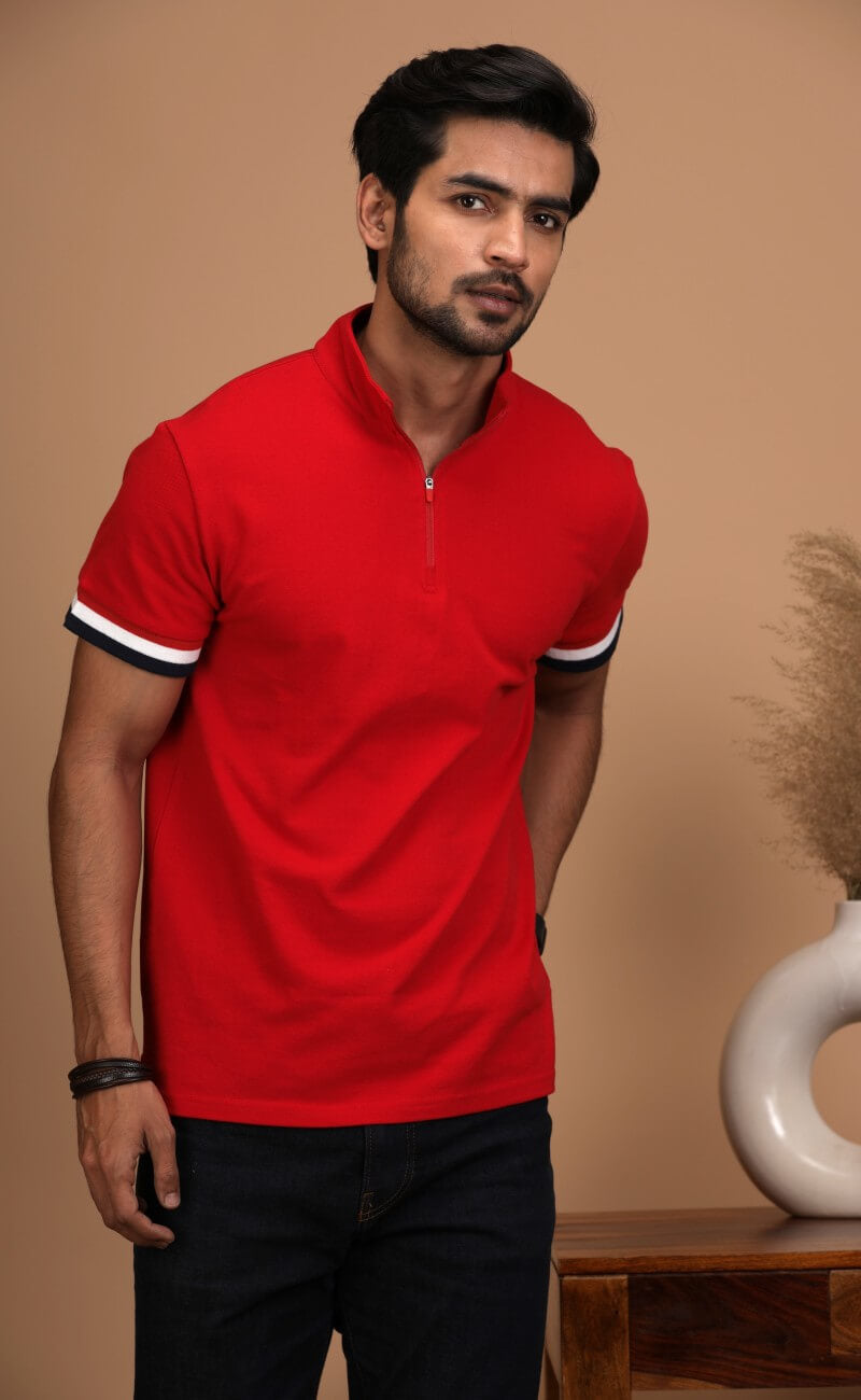 Red Stand Up Collar Cotton Polo Shirt