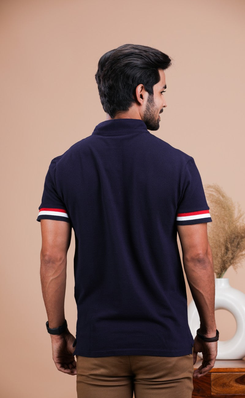 Navy Stand Up Collar Cotton Polo Shirt