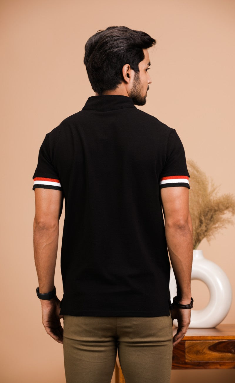 Black Stand Up Collar Cotton Polo Shirt