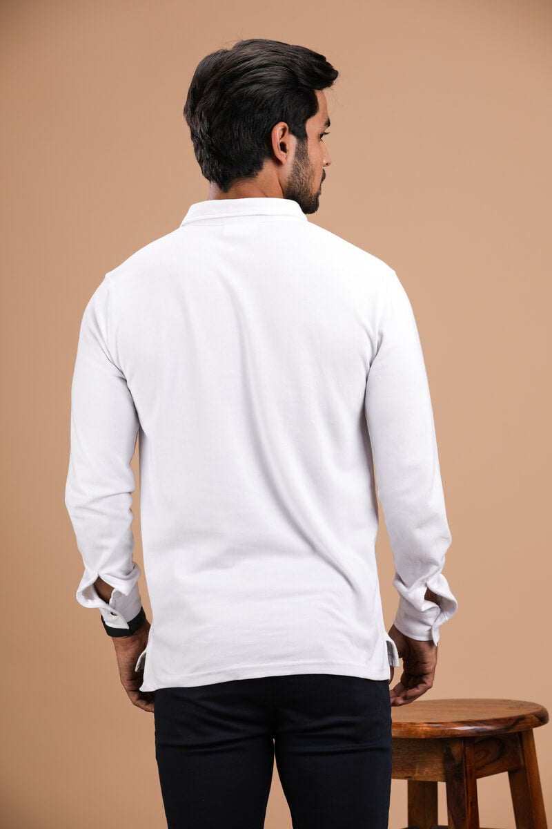 White Cotton Polo Shirt Full Sleeve
