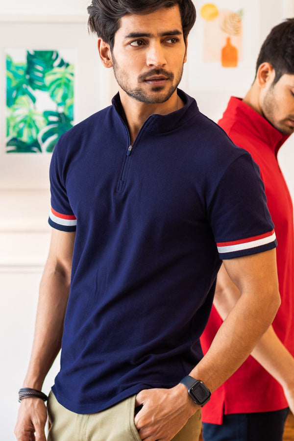 Navy Stand Up Collar Cotton Polo Shirt